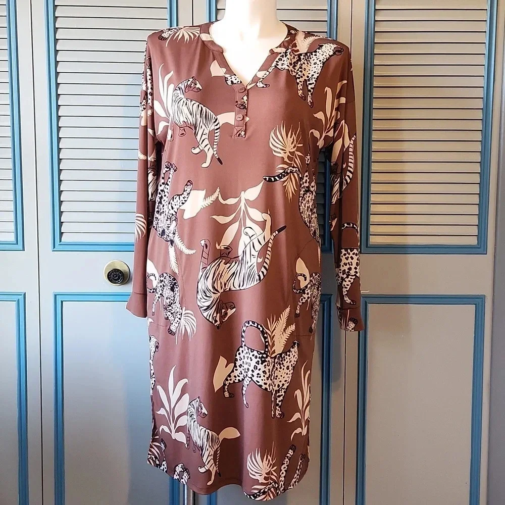 Breezies Brown Cheetah Print Dress - Picture 1 of 11